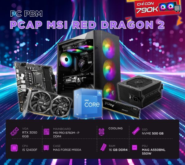 PCAP MSI RED DRAGON 2 ( I5 12400F - RTX 3050 6GB - 16GB RAM - 500GB SSD) POWERED BY MSI