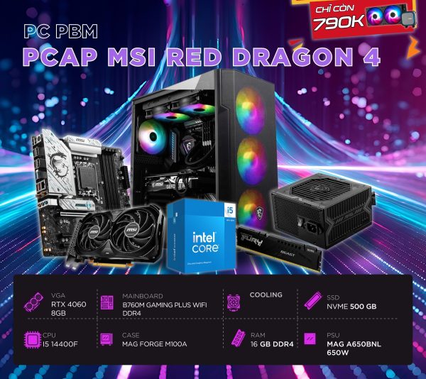PCAP MSI RED DRAGON 4 ( I5 14400F - RTX 4060 8GB - 16GB RAM - 500GB SSD) POWERED BY MSI